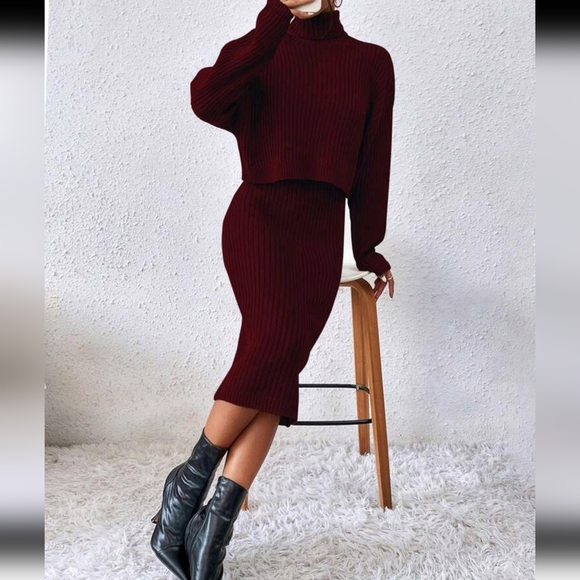Turtleneck Drop Shoulder Sweater & Knit Dress, Burgundy - Picture 6 of 7